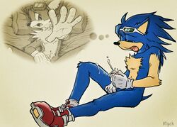 balls bigok blue_fur clothing cum daydream eyewear footwear furry gloves green_eyes hedgehog male_only mammal masturbation open_mouth penis shoes sonic_(series) sonic_the_hedgehog sunglasses tails