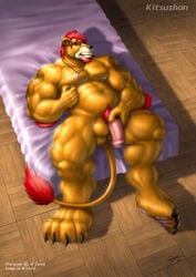 1boy anthro balls braford feline high-angle_shot lion male male_only mammal muscles nipples nude penis solo