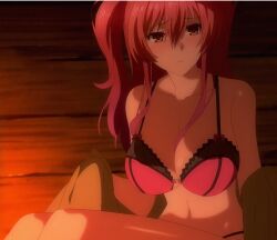 1girl 1girls anime_screencap big_breasts blush blushing boobs bra breasts cleavage collarbone huge_breasts lace-trimmed_bra lace-trimmed_panties large_breasts lingerie navel panties pink_hair rakudai_kishi_no_cavalry red_eyes screencap sitting solo stella_vermillion stitched stomach twintails underwear underwear_only wide_hips