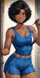 ai_generated black_hair breasts brown_eyes cleavage dark-skinned_female dark_skin frankie_(pixel-perry) shorts smiling solo tank_top