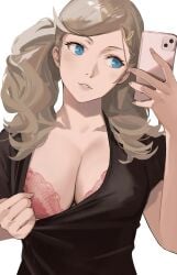 1female 1girl 1girls 2024 2d 2d_(artwork) alternate_version_available ann_takamaki atlus big_breasts blonde_hair blue_eyes bra breasts cleavage female female_only head_tilt heroine holding_object human human_female human_only j@ck light-skinned_female light_skin not_ai_generated persona persona_5 phone pink_bra presenting presenting_breasts presenting_cleavage pulled_by_self pulling_shirt realistic_breast_size selfie shirt_pull simple_background smartphone smile smiling solo solo_female taking_photo taking_picture taking_selfie teenage_girl teenager tilted_head twintails upper_body wavy_hair white_background