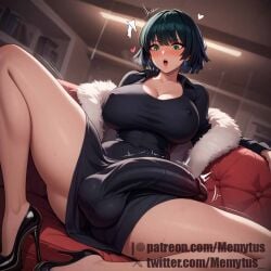 1futa ai_generated black_hair bulge bulge_through_clothing erect_penis erection erection_under_clothes fubuki_(one-punch_man) futa_only futa_sans_pussy futanari green_eyes hearts heels high_heels huge_breasts huge_cock memytus one-punch_man stilletos thick_thighs throbbing_penis