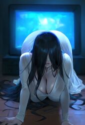 1girls ai_generated all_fours asian asian_female black_hair cleavage coming_out_of_tv dress female hair_over_eyes hair_over_face hanging_breasts huge_ass large_breasts long_hair looking_at_viewer mikayori sadako_yamamura tagme the_ring tv tv_screen white_dress white_skin yamamura_sadako