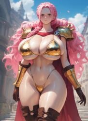 ai_generated angry athletic_female bare_legs big_breasts bikini_armor braided_hair braided_ponytail female female_only ganggang gigantic_breasts huge_breasts huge_thighs light-skinned_female light_skin long_hair looking_at_viewer massive_breasts one_piece orange_eyes pawg pink_hair rebecca_(one_piece) shounen_jump solo_female squatting sweat sweatdrop thick_thighs thighs thighs_bigger_than_head very_long_hair voluptuous voluptuous_female