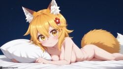 ai_generated bed cute fox fox_tail logvoarts lying_on_bed senko_(sewayaki_kitsune_no_senko-san) sewayaki_kitsune_no_senko-san tail yellow_eyes yellow_hair