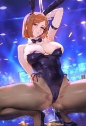 ai_generated armpits big_breasts bunny_ears bunny_girl bunnygirl bunnysuit coins jujutsu_kaisen kugisaki_nobara money slut slutty_outfit smug stripper_pole throwing_money wet_pussy