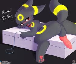 absurd_res anthro balls bed blush claws collar eeveelution furniture generation_2_pokemon genitals hi_res knot leash lying male nintendo open_mouth paws penis pokemon pokemon_(species) senz solo tail text umbreon url