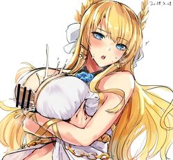 1boy 1girls azur_lane bangs bar_censor blonde_hair blue_eyes blush breast_squeeze breasts censored chains crossed_arms cum cum_on_body cum_on_breasts cum_on_upper_body dark-skinned_male dark_skin dated ejaculation_between_breasts eyebrows_visible_through_hair eyelashes female floating_hair flower_ornament hair_ornament kurokawa_otogi large_breasts laurel_crown light-skinned_female light_skin long_hair looking_at_viewer open_mouth out_of_frame paizuri penis ribbon royal_navy_(azur_lane) upper_body veil very_long_hair victorious_(azur_lane) wrist_ribbon