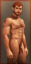 1boy abs bad_link bara beard border brad_melnick brown_border closed_mouth coming_out_on_top completely_nude facial_hair flaccid knees_out_of_frame looking_at_viewer male_focus male_pubic_hair moustache muscular muscular_male navel nipples nude pectorals penis pubic_hair red_hair rumlockerart solo standing tumblr_username watermark