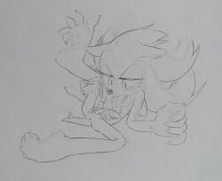 animal_penis anus autofellatio clawed_fingers clawed_toes furry long_tongue madeinaroace male penis sega shadow_the_hedgehog sketch solo sonic_(series) traditional_media_(artwork)