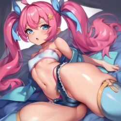 ai_generated blue_eyes cameltoe clothed flat_chest hip_dips hips milim_nava panties pink_hair puffy_nipples short_shorts smile that_time_i_got_reincarnated_as_a_slime thighs thong_straps tubetop tummy twintails young