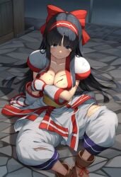 1girls ai_generated arm_support big_breasts black_hair blood blue_eyes breast_hold breasts busty cleavage defeated female female_only fingers hair_ribbon highres injury king_of_fighters large_breasts legs long_hair looking_at_viewer nakoruru no_bra pants ribbon samurai_shodown sitting snk solo tears thighs torn_clothes voluptuous