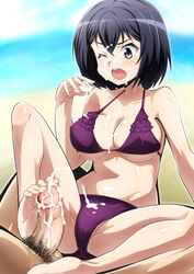 1boy barefoot beach bikini black_eyes black_hair blush breasts censored cleavage clothed_female_nude_male cum cum_on_body cum_on_breasts cum_on_clothes cum_on_hair cum_on_lower_body cum_on_upper_body ejaculation facial feet female footjob joukamachi_no_dandelion large_breasts male_pubic_hair mosaic_censoring nami_makoto ocean one_eye_closed open_mouth penis pubic_hair purple_bikini sakurada_kanade short_hair swimsuit text toes translation_request underboob