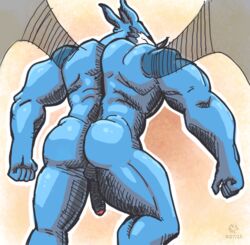 1boy 2015 anthro ass balls big_muscles digimon exveemon faceless_male flaccid male male_only muscles narc nude partially_retracted_foreskin penis rear_view scalie signature sketch solo uncut wings