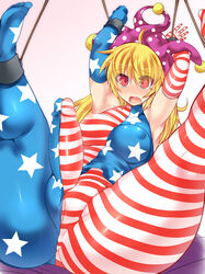 1futa american_flag american_flag_armwear american_flag_legwear american_flag_shirt blonde_hair bodysuit bound breasts cameltoe clownpiece female futanari hair hisui_(stapspats) intersex pussy stapspats touhou