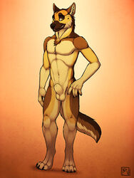 1boy anthro balls barefoot canine claws digitigrade fully_sheathed fur german_shepherd half-closed_eyes looking_at_viewer male male_only mammal muscles navel nude orange_background pawpads paws pecs sheath simple_background smile solo spudz standing teeth toe_claws tsaiwolf