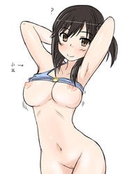 1girls ? arms_behind_head arms_up big_breasts bikini_top black_hair blush bottomless bra bra_lift breasts breasts_out brown_eyes female functionally_nude functionally_nude_female highres ichijou_hotaru large_breasts looking_at_viewer navel nipples non_non_biyori pinup ponytail pussy simple_background smile solo