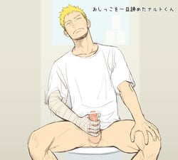 1boy balls ballsack bar_censor bathroom blonde_hair bottomless_male closed_eyes erection human jacking_off jerking jerking_off looking_pleasured male male_masturbation male_only male_pubic_hair masturbating masturbation mentaiko naruto penile_masturbation penis penis_out scrotum shirt shirt_only solo stroking stroking_cock stroking_penis testicles toilet toilet_masturbation uzumaki_naruto