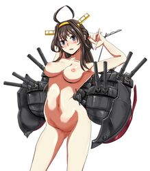 arms_up blush brown_hair cannon collarbone female grey_eyes headgear interlocked_fingers kantai_collection kongou_(kantai_collection) long_hair machinery navel nipples nude open_mouth pussy simple_background solo uncensored white_background yaruku