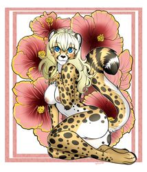 2015 ass black_spots blonde_hair blue_eyes blush breasts cheetah feline female flower fur hair long_hair looking_at_viewer mammal multicolored_fur narcotic_sprinkles nipples nude paws pinup plant pose pussy sitting smile solo spots spotted_fur white_fur yellow_fur