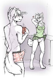 anthro beverage blush boxers brother bulge canine chest_tuft coffee digitigrade duo era_heartwood erection erection_under_clothes eye_contact f-r95 female food fur grin heart inside male mammal nightgown nipples pussy sibling sister skirt skirt_lift smile standing teasing text thought_bubble tuft twins underwear veil_heartwood white_fur white_hair wolf