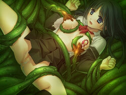 1girls black_skirt blue_eyes blue_hair blush bra breast_grab breasts censored clothing crying female game_cg green_tentacles long_hair long_sleeves matching_underwear mizuhara_yuki monster open_mouth ouma_ga_toki:_tasogare_ni_kemuru_shoujo panties potato_seikatsu pussy restrained school_uniform skirt skirt_lift solo spread_legs tears tentacle torn_clothes torn_panties unhooked_bra white_bra white_panties white_shirt wide_eyed