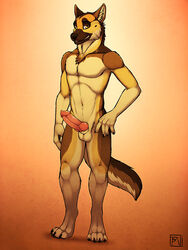 1boy animal_genitalia anthro balls barefoot canine canine_penis claws digitigrade erection fur german_shepherd half-closed_eyes knot looking_at_viewer male male_only mammal muscles navel nude orange_background pawpads paws pecs penis sheath simple_background smile solo spudz standing teeth toe_claws tsaiwolf