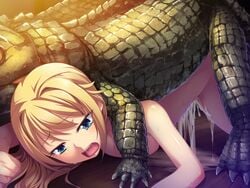 animal blonde_hair blue_eyes crocodile crying cum cum_on_floor female game_cg head_down_ass_up interspecies kantaka liquid_(company) long_hair mashou_no_nie mashou_no_nie_3 mireille_von_austria nude open_mouth rape solo tears zoophilia