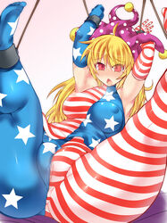 1girls american_flag american_flag_armwear american_flag_legwear american_flag_shirt blonde_hair bound breasts censored clownpiece female hisui_(stapspats) mosaic_censoring open_mouth pantyhose pussy stapspats touhou