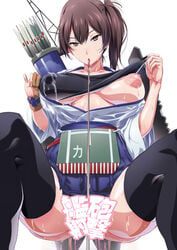 areolae arrow black_legwear bra bra_lift breasts brown_eyes brown_hair censored erect_nipples female gloves hair_between_eyes kaga_(kantai_collection) kantai_collection large_areolae large_breasts looking_at_viewer naughty_face nipples open_clothes ponytail quiver saliva shino_(comic_penguin_club) side_ponytail skirt skirt_lift solo sweat text thighhighs tied_hair translation_request underwear zettai_ryouiki