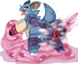 ambiguous_gender anthro anus ass big_breasts blush breasts censored claws ditto duo female goo horn motion_blur nidoqueen nintendo nipples penetration pokemon pokemon_(species) purple_eyes pussy restrained simple_background teddy_jack thick_thighs tongue tongue_out vaginal_penetration video_games wide_hips