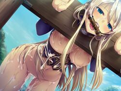 bit_gag blonde_hair blue_eyes breasts cum cum_in_pussy cum_on_body cum_on_breasts cum_on_clothes cum_on_hair facial female gag gagged game_cg kantaka liquid_(company) long_hair mashou_no_nie mashou_no_nie_3 midriff mireille_von_austria navel nipple open_mouth solo stocks