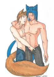 blue_hair catboy duo feline fur grope hair half-dressed jeans koshkio male mammal open_pants pants simple_background standing yaoi