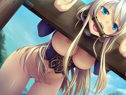 bit_gag blonde_hair blue_eyes breasts dutch_angle female gag game_cg kantaka liquid_(company) long_hair mashou_no_nie mashou_no_nie_3 midriff mireille_von_austria navel nipples open_mouth solo stocks