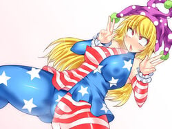 1girls american_flag american_flag_armwear american_flag_legwear american_flag_shirt blonde_hair bound breasts clownpiece female hisui_(stapspats) pussy stapspats touhou