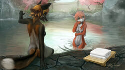 anthro ass breasts canine cherry_blossom cross_fox fan_character female fox hair hot_spring jecbrush mammal naturally_censored navel nora_vulpes_leslie nude original_character original_characters outside pussy star_fox tasteful_nudity tree water