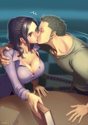 1boy 1girls 2d big_breasts black_hair book cleavage collarbone dzugan earrings female green_hair hand_on_shoulder human kissing male motion_lines nico_robin no_bra older_female one_piece ponytail roronoa_zoro scar straight surprise_kiss sword weapon younger_male