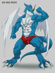 1boy abs anthro anthrofied biceps big_muscles blue_body bulge claws clothing digimon dragon exveemon facial_markings fangs front_view full-length_portrait full_length furry furry_only horn kfutaba looking_at_viewer male male_only markings muscles pecs penis_outline pinup portrait pose red_eyes scalie solo speedo standing swimsuit wings xbuimonsama