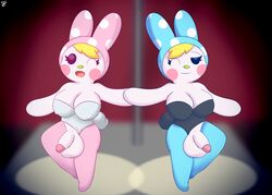 2017 animal_crossing anthro balls big_balls big_breasts blush breasts bunny_costume chrissy_(animal_crossing) cleavage clothed clothing costume dickgirl duo francine_(animal_crossing) furfireburst futa_only futanari group hair hi_res intersex lagomorph long_ears mammal nintendo open_mouth penis playboy_bunny rabbit sibling sisters smile video_games