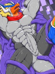 anal anthro buddyfight dragon drum_(buddyfight) erection male male_anal male_only muscular penis rubber ryuukikeito scalie tentacle tentacle_on_male