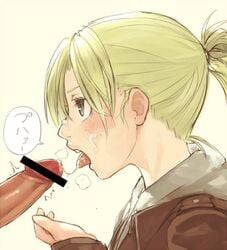 1boy 1girls after_oral animated annie_leonhardt artist_request attack_on_titan blonde_hair blowjob blue_eyes blush censored cum cum_in_mouth cum_in_throat cum_on_face cum_trail cute deep_blowjob deepthroat eye_contact facial fellatio female hair male oral penis pubic_hair seductive_mouth shingeki_no_kyojin slideshow teenager throat_penetration tied_hair tongue tongue_out