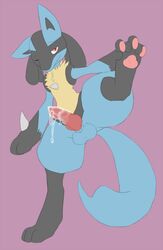 balls canine cum cum_on_penis footgrab kairyu211 knot looking_at_viewer lucario male male_only mammal nintendo one_eye_closed paws penis pokemon pokemon_(species) red_eyes simple_background spike spread_legs spreading toes video_games