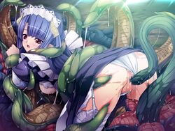 ass blue_hair breasts censored clothing female frills game_cg horns long_hair long_sleeves lusterise maid maid_headdress mei_irvine monsters_raid open_mouth panties pussy red_eyes stockings sweat tentacle thighhighs wet_clothes white_legwear white_panties white_thighhighs