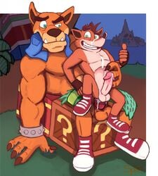 2boys anal anal_sex anthro balls bandicoot crash_(series) crash_bandicoot duo feline gay gesture humanoid_penis male male_only mammal marsupial multiple_males penetration penis spectral-bat thumbs_up tiger tiny_tiger yaoi