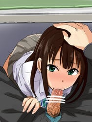 1boy 1girls :>= bar_censor blush bowtie brown_hair censor_bar censored clothed erection eye_contact eyebrows_visible_through_hair faceless_male fellatio female female_focus green_eyes hand_on_another's_head idolmaster idolmaster_cinderella_girls kneeling long_hair looking_at_viewer male_pov male_pubic_hair norimaki_(haru_koubou) nose_blush oral oral_sex penis pleated_skirt pointless_censoring pov pov_eye_contact pubes pubic_hair saliva saliva_trail school_uniform shibuya_rin skirt under_the_table veiny_penis white_skin