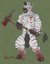 2015 angry anthro blood equine explicital flaccid full-length_portrait full_length furry furry_only hammer horsecock male_only melee_weapon muscular portrait solo standing war_hammer weapon zebra