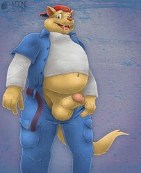 anthro balls belt clothed clothing erection feline fur half-dressed hat jumpsuit looking_at_viewer male male_only mammal mechanic moonstone navel overweight pants penis sharp_teeth short smile solo standing swat_kats teeth tongue tools wrench