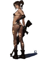 1girls ass bikini boots brown_hair female female_only fishnet ganassa gloves looking_back mascara metal_gear_solid metal_gear_solid_v pantyhose ponytail quiet_(metal_gear) sniper_rifle solo standing stefanie_joosten thong tied_hair torn_pantyhose underboob weapon