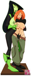 black_hair blush bodysuit breast_grab breasts disney female female_only gloves green_eyes green_skin human kim_possible kimberly_ann_possible large_breasts long_hair multiple_females multiple_girls nipples orange_hair pants sexfire shego shoes white_background yuri