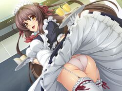 1girls ass brown_hair clothing dutch_angle female frilled_gloves frilled_thighhighs frills game_cg gloves hair_ornament hairbow inoino katsuragi_marina kouyoku_senki_exs-tia long_hair looking_at_viewer lusterise maid maid_headdress open_mouth orange_eyes panties short_sleeves solo white_gloves white_legwear white_panties white_thighhighs